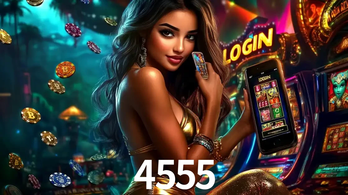 Mulher em um cenário de cassino temático de aventura, mostrando o app de caça-níqueis da 4555 no celular. Fichas de apostas flutuam ao redor.