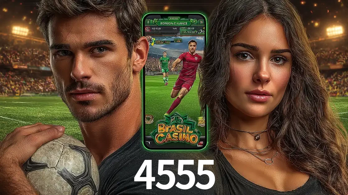 Homem segurando uma bola de futebol e uma mulher ao lado de um smartphone exibindo o jogo de apostas esportivas da 4555. Faça seu palpite no cassino online.